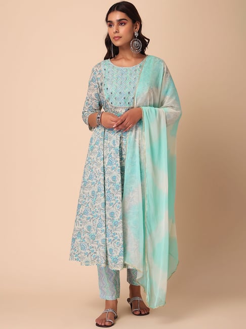 Indya Off-White & Green Cotton Floral Print Kurta Pant Set With Dupatta Price in India