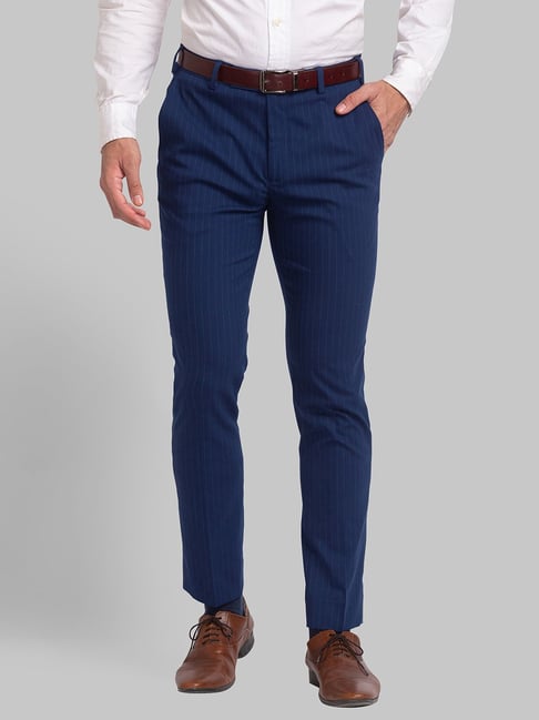 Buy SOJANYA Navy Cotton Regular Slim Fit Striped Flat Front Trousers for  Mens Online  Tata CLiQ