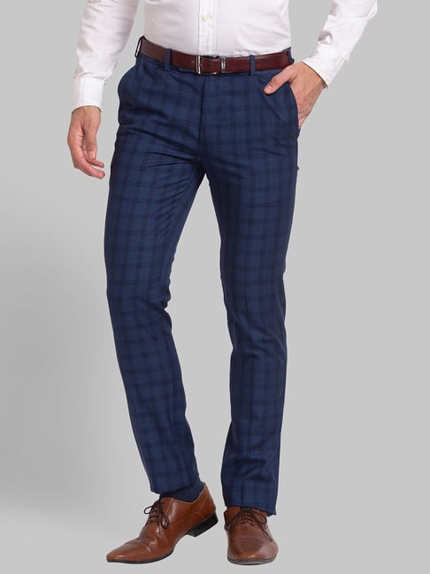 Buy INVICTUS Men Blue  Olive Green Slim Fit Checked Formal Trousers   Trousers for Men 7029482  Myntra