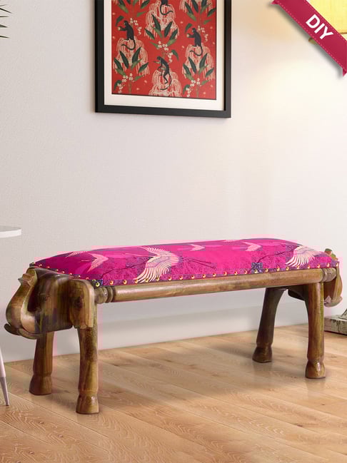 India Circus by Krsnaa Mehta Legend of the Cranes Printed Red Acacia Wood Bench