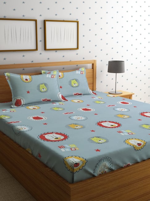 HOSTA HOMES Printed Multicolor 220 TC Glace Cotton Queen Kids Bed Sheet with 2 Pillow Covers