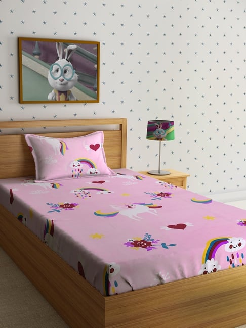 HOSTA HOMES Character based Multicolor 220 TC Glace Cotton Single Kids Bed Sheet with 1 Pillow Cover