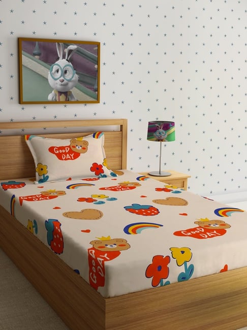 HOSTA HOMES Printed Multicolor 220 TC Glace Cotton Single Kids Bed Sheet with 1 Pillow Cover