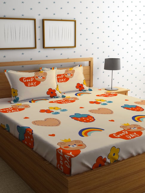 HOSTA HOMES Printed Multicolor 220 TC Glace Cotton Queen Kids Bed Sheet with 2 Pillow Covers-image-8