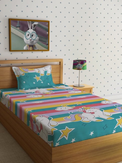 HOSTA HOMES Character based Multicolor 220 TC Glace Cotton Single Kids Bed Sheet with 1 Pillow Cover