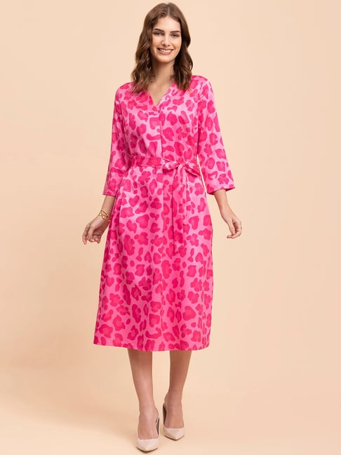 Fablestreet Fuchsia Animal Print A Line Dress Price in India