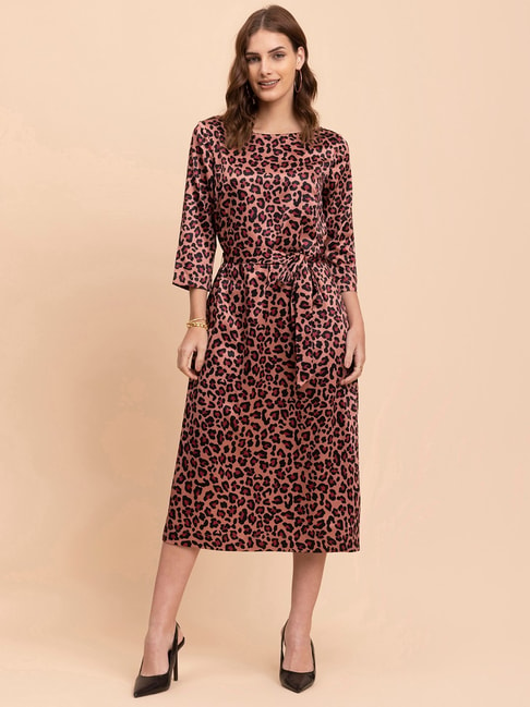 Fablestreet Brown Animal Print A Line Dress Price in India