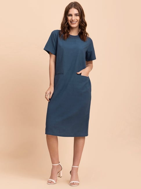 Fablestreet Blue Linen Shift Dress Price in India