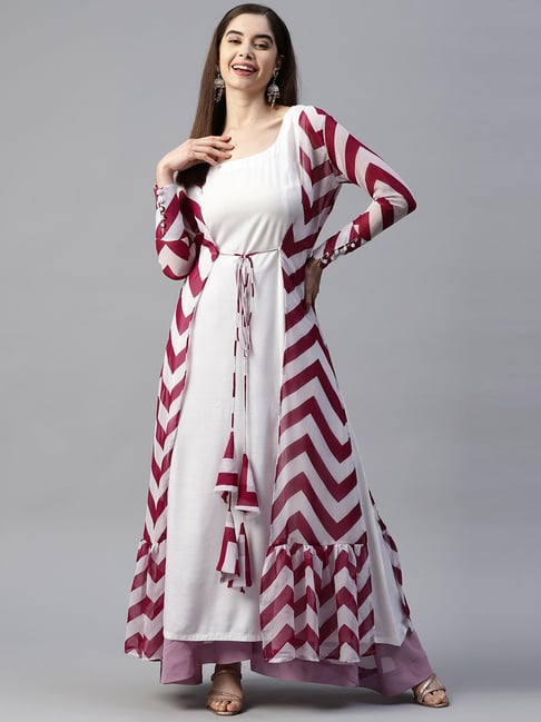 Buy Ojjasvi Pink Maxi Dress with attached Printed Shrug online | Ojjasvi