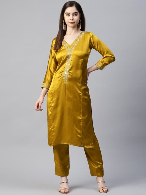 SHADES Golden Embroidered Kurta Pant Set Price in India