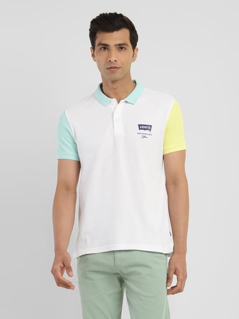 Levi's Bright White Cotton Regular Fit Colour Block Polo T-Shirt