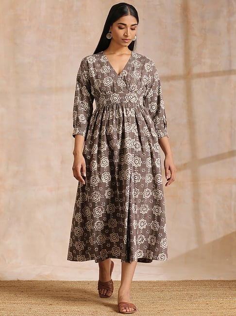 true Browns Brown Cotton Printed A-Line Dress