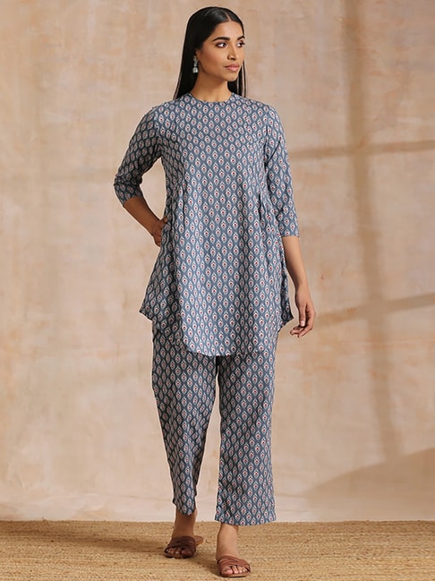 Jaipur Kurti Lingerie Jaipur Kurti Women Blue Ethnic Print Straight Cotton  Flex Short Kurta With Pyjamas Set Of 2 Online  Nykaa Fashion