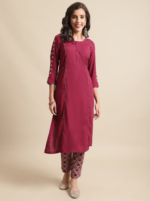 Cantabil Wine Printed Kurta Pants Set - Main Image
