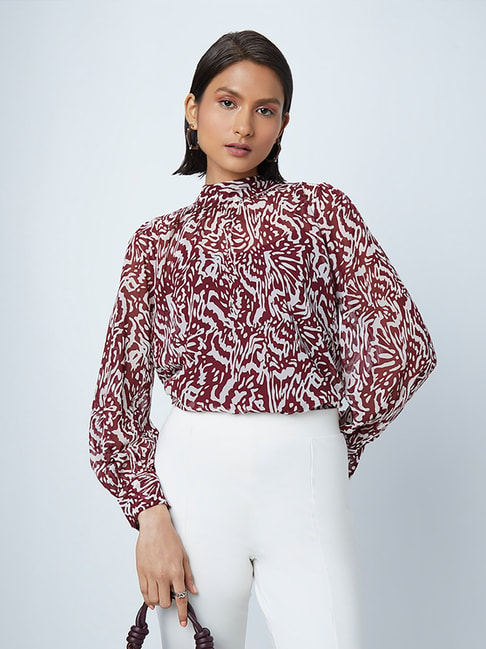 Wardrobe by Westside Burgundy Abstract Print Top Price in India