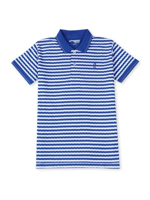 Gini & Jony Kids Blue & White Cotton Striped Polo T-Shirt