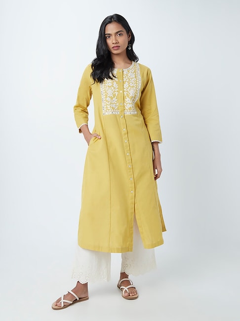 Utsa by Westside Mustard Embroidered A-Line Kurta Price in India