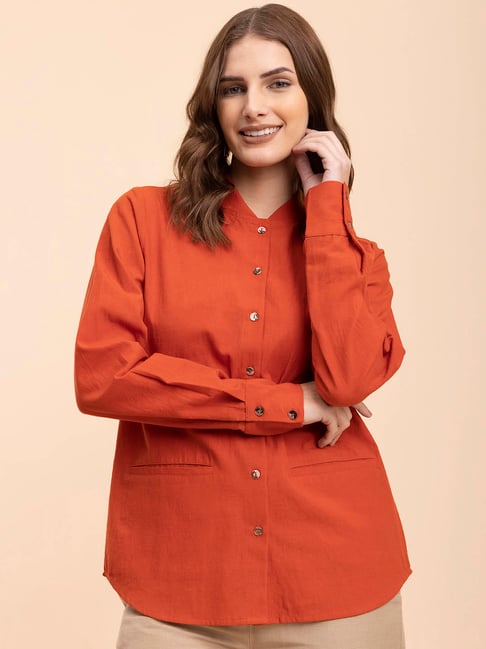 Fablestreet Orange Linen Casual Shirt
