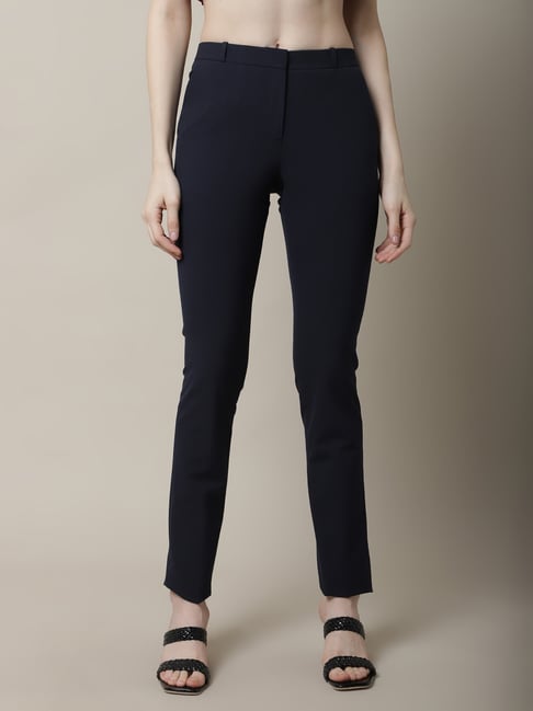 Cantabil Navy Mid Rise Flat Front Trousers-picture-37