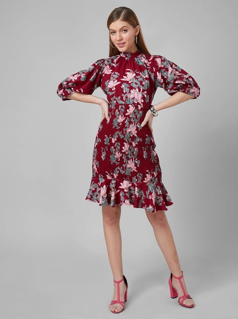 Style Quotient Maroon Floral Print Fit & Flare Dress Price in India