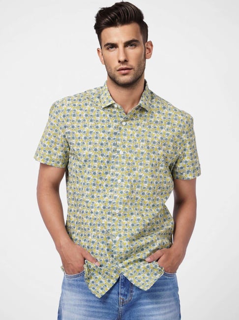 Jack & Jones Green Cotton Slim Fit Printed Shirt