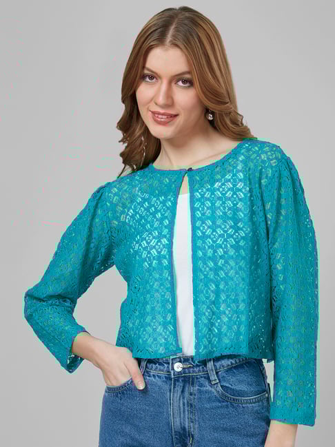 Style Quotient Blue Cotton Self Design Crop Shrug