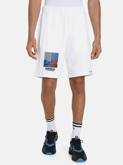 Puma White Cotton Regular Fit Printed Shorts