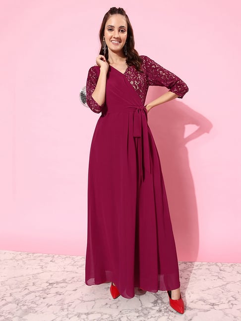 Miss Chase Wine Self Design Wrap Dress Price in India