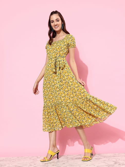 Miss Chase Yellow Floral Print Wrap Dress Price in India