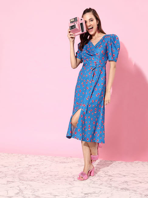 Miss Chase Blue Floral Print Wrap Dress Price in India
