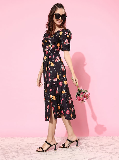 Miss Chase Black Floral Print Wrap Dress Price in India