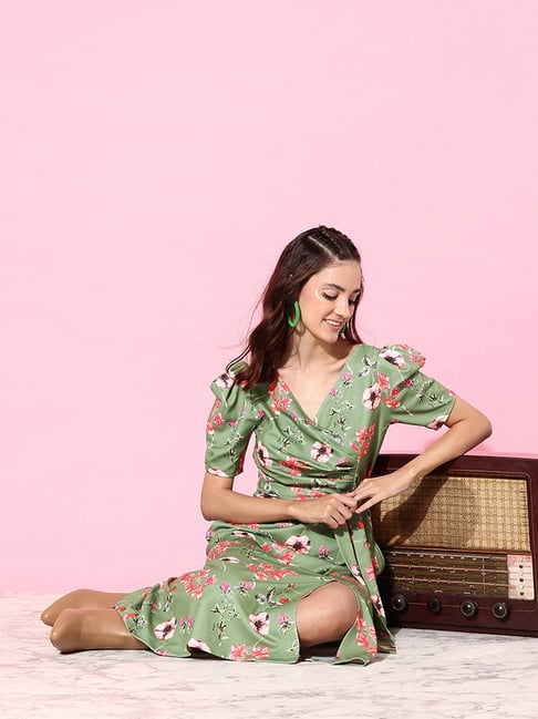 Miss Chase Green Floral Print Wrap Dress Price in India