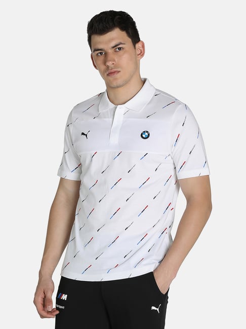 Puma White Cotton Regular Fit Printed Polo T-Shirt