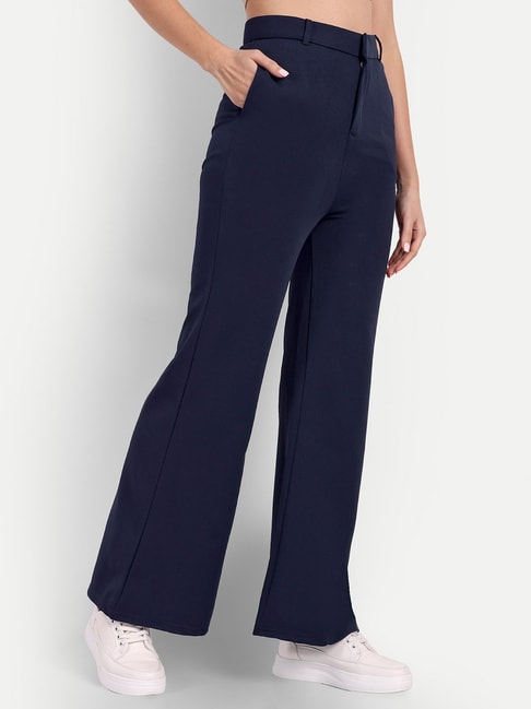 Buy Broadstar Women Light Grey High-Rise Flared Trousers