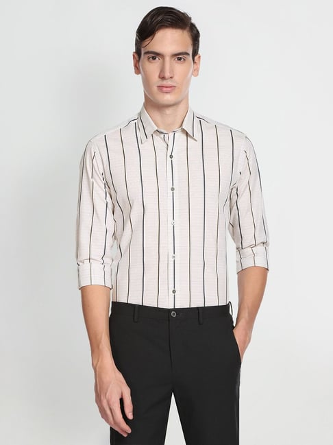 Arrow New York Off White Slim Fit Striped Cotton Shirt