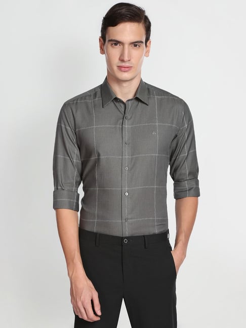 Arrow New York Dark Grey Slim Fit Check Cotton Shirt