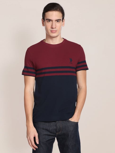 U S Polo Assn U.S. Polo Assn. Maroon Slim Fit Self Design Cotton Crew T-Shirt