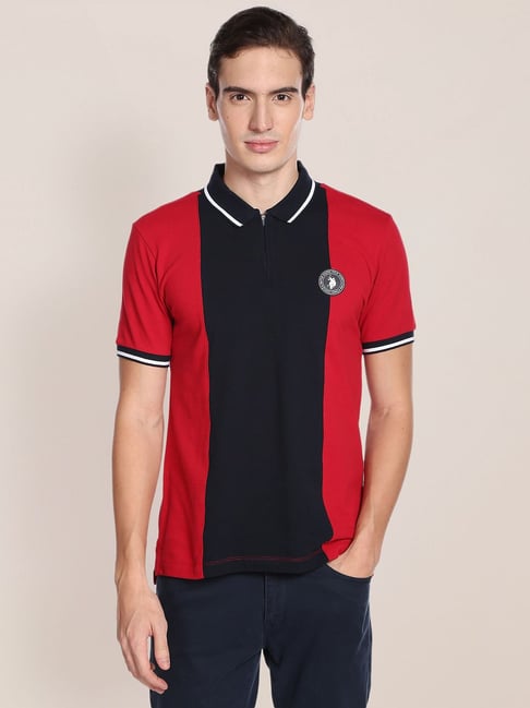 U S Polo Assn U.S. Polo Assn. Red & Navy Slim Fit Self Design Polo T-Shirt