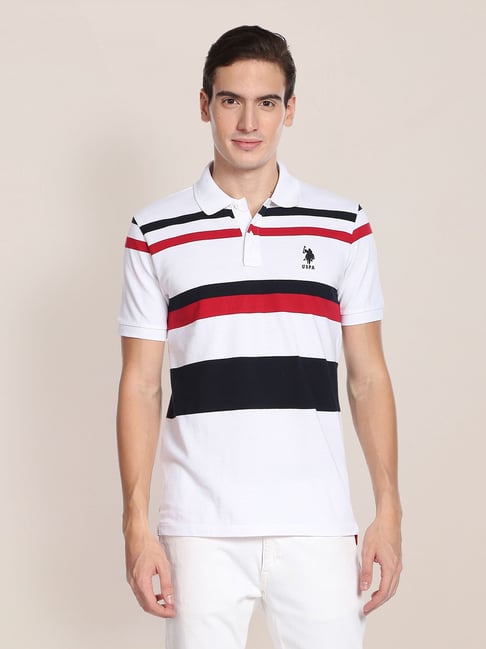 U S Polo Assn U.S. Polo Assn. White Slim Fit Striped Cotton Polo T-Shirt