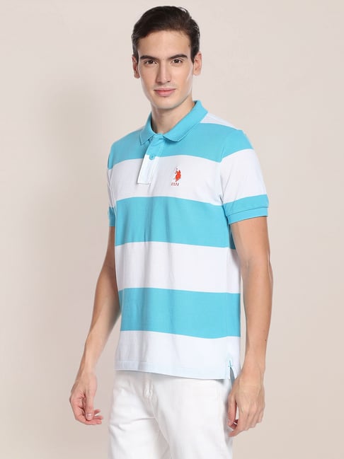 U S Polo Assn U.S. Polo Assn. Sky Blue Slim Fit Striped Cotton Polo T-Shirt