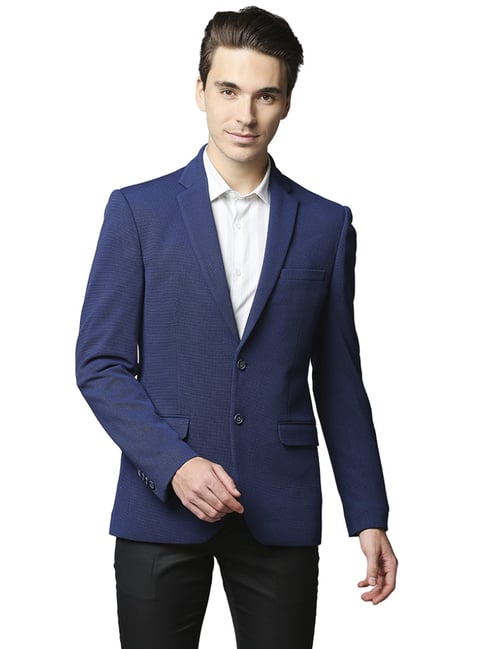 Park Avenue Blue Regular Fit Self Pattern Blazer