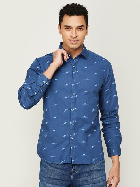 Fame Forever by Lifestyle Blue Cotton Slim Fit Printed Shirt