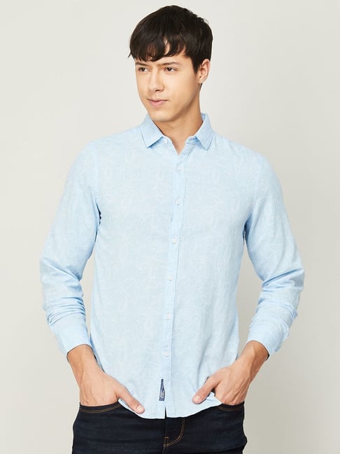 Fame Forever by Lifestyle Light Blue Cotton Linen Slim Fit Printed Shirt