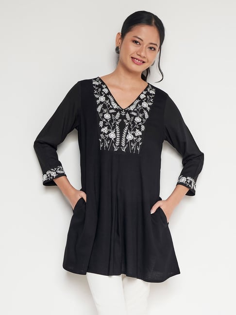 Global Desi Black Embroidered Tunic