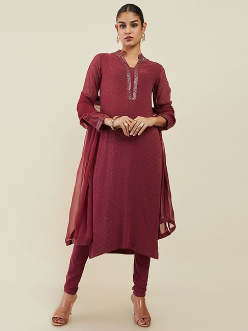 Soch Maroon Embellished Kurta Churidar Set With Dupatta Price in India