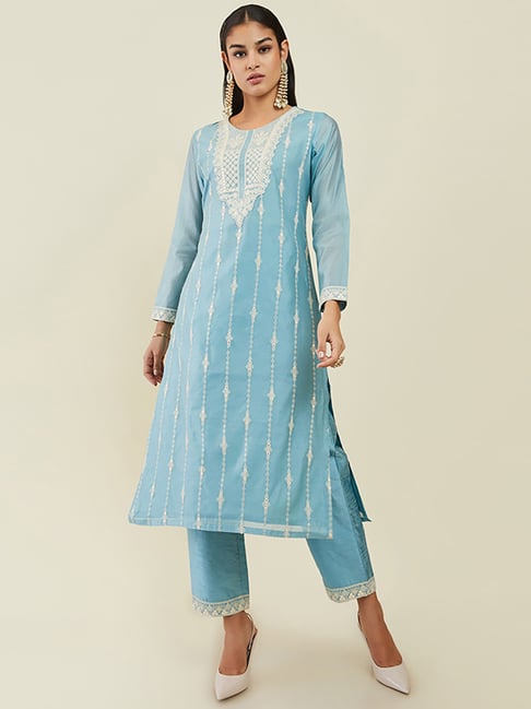 Soch Blue Embroidered Kurta Pant Set Price in India