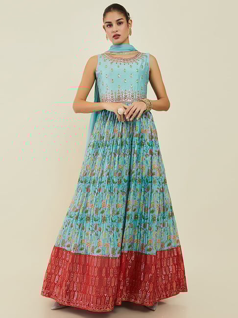 Buy Soch Blue Cotton Embellished Gown Churidar Set with Dupatta