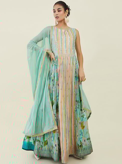 Buy Soch Green Cotton Embellished Gown Churidar Set with Dupatta