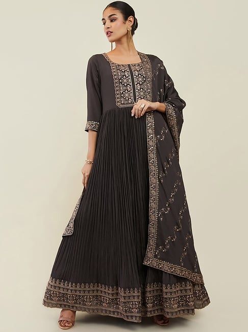 Buy Soch Charcoal Embroidered Gown Churidar Set with Dupatta for