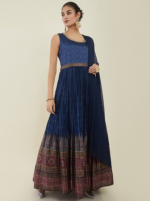 Buy Soch Navy Printed Gown Churidar Set with Dupatta for Women